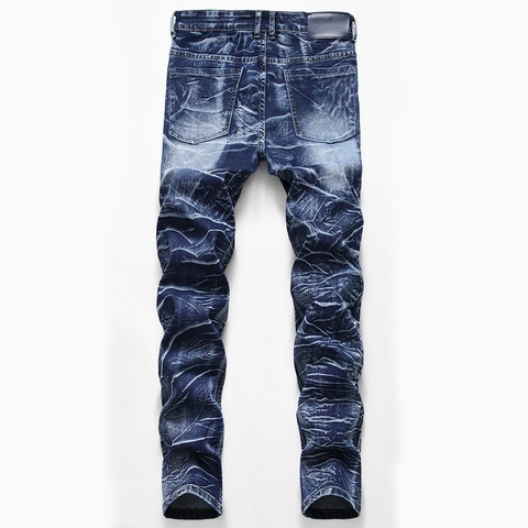 Men's Cotton Denim Washed Faded Jeans Straight Leg 3D Wrinkled Biker Style Streetwear Casual Durable Long Pants For Men
