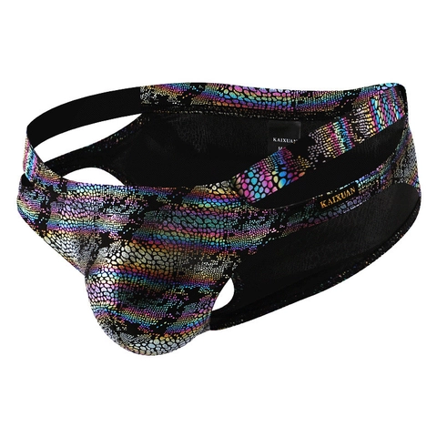 Men's Sexy Low Waist Hollow Out Briefs Faux Snake Skin Print Polyester Underwear Metallic Shiny Dance Performance Underpants