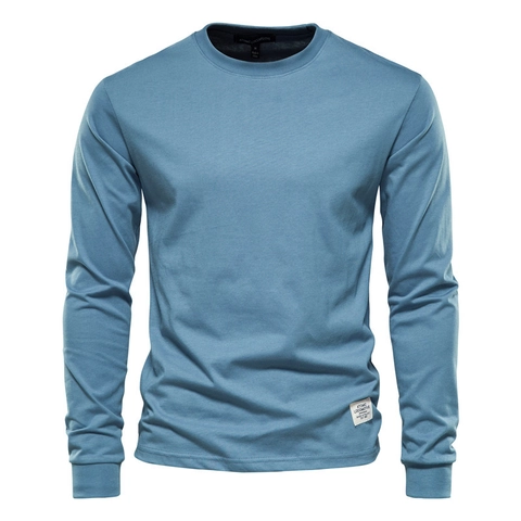 Heren Katoen Casual Lange Mouwen T-Shirt Ruime Pasvorm Ronde Hals Top Met Applicatie Decor Geribbelde Manchetten Comfortabel Basis Tee