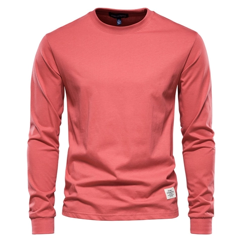 T-Shirt Décontracté à Manches Longues pour Hommes 100% Coton Coupe Large Col Rond avec Patch Décoratif