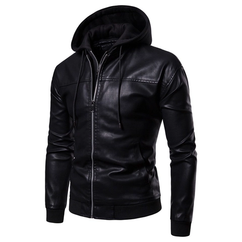Blouson Moto en Cuir PU pour Hommes Avec Capuche Amovible Style Biker Décontracté Poche Zippée Vêtement Automne Hiver