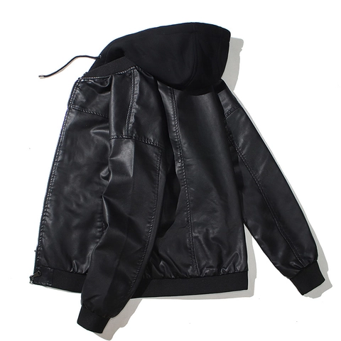 Blouson Moto en Cuir PU pour Hommes Avec Capuche Amovible Style Biker Décontracté Poche Zippée Vêtement Automne Hiver