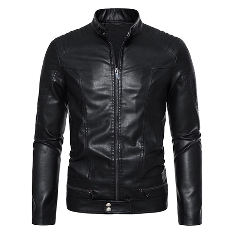 Blouson Homme en Cuir PU Col Montant Moto Motard Similicuir Manteau Épaule Matelassée Zip Vêtements d'Extérieur Casual