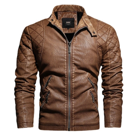 Herren Vintage PU Leder Bikerjacke Stehkragen Fleece Gefüttert Warm Winter Motorradmantel Oberbekleidung Stepplederjacke