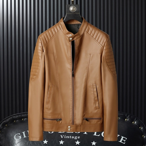 Blouson Homme en Cuir PU Col Montant Moto Motard Similicuir Manteau Épaule Matelassée Zip Vêtements d'Extérieur Casual
