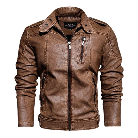Herren Retro PU Leder Motorradjacke Gesteppte Schulter Stehkragen Slim Fit Kunstleder Biker Oberbekleidung Mantel Für Herbst Casual