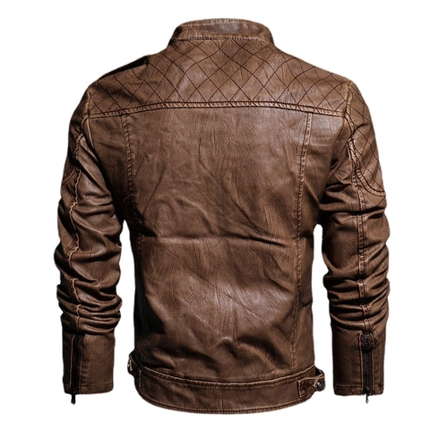 Herren Retro PU Leder Motorradjacke Gesteppte Schulter Stehkragen Slim Fit Kunstleder Biker Oberbekleidung Mantel Für Herbst Casual