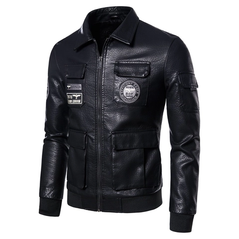 Chaqueta de Moto de Cuero Artificial PU para Hombre con Multibolsillos Chaqueta de Aviador Bordada Solapa Forro Polar Ajustada