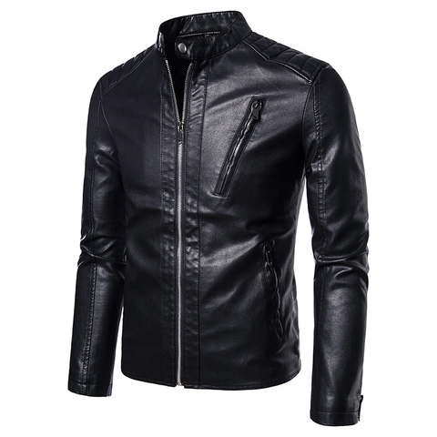 Herren Slim Fit PU Lederjacke Stehkragen Biker Moto Mantel Multi Reißverschluss Gesteppte Schulter Casual Oberbekleidung