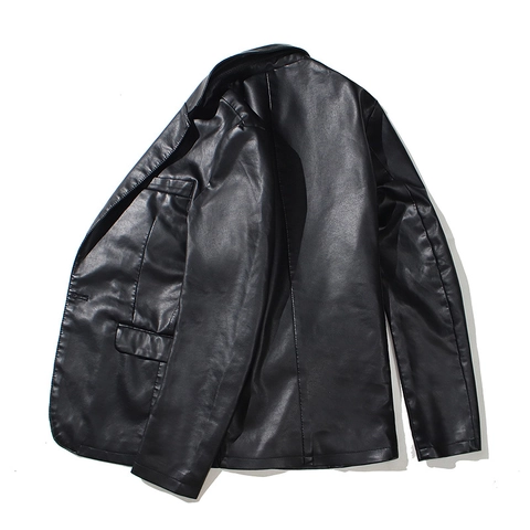 Herren Casual PU Lederjacke Blazer Mantel Business Slim Fit Revers Einreihig Außenbekleidung Polyesterfutter Schwarz Moto Jacke