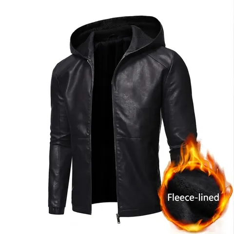 Chaqueta de Cuero Sintético Informal para Hombre con Capucha Ajuste Estrecho Cortaviento Moto Biker Abrigo Forro Polar Otoño Invierno