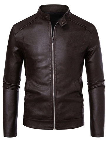Men Synthetic PU Leather Jacket Stand Collar Metal Zipper Motorcycle Style Outerwear Slim Fit Casual Lightweight Coat For Men