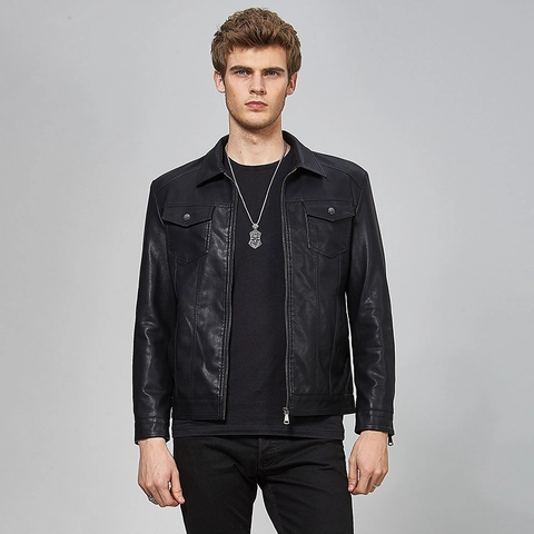 Men's Casual PU Leather Jacket Turn-down Collar Biker Style Windproof Warm Outerwear Solid Color Black Fashion Coat For Men