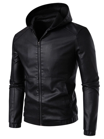 Men Hooded PU Leather Jacket Casual Motorcycle Faux Leather Outerwear Windproof Zip Up Coat For Youth Fashion Urban Style