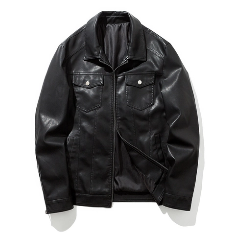 Men's Casual PU Leather Jacket Turn-down Collar Biker Style Windproof Warm Outerwear Solid Color Black Fashion Coat For Men