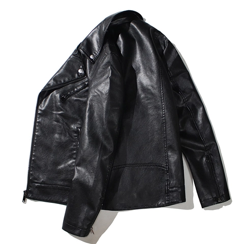 Herren PU Kunstleder Motorradjacke Revers Asymmetrischer Reißverschluss Biker Mantel Punk Stil Mode Oberbekleidung Lässig Schwarz