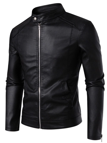 Men Synthetic PU Leather Jacket Stand Collar Metal Zipper Motorcycle Style Outerwear Slim Fit Casual Lightweight Coat For Men