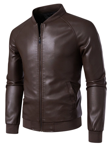Men Casual PU Leather Motorcycle Biker Jacket Stand Collar Bomber Outerwear Windproof Solid Color Zip Coat Spring Autumn