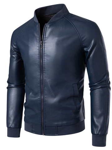 Men Casual PU Leather Motorcycle Biker Jacket Stand Collar Bomber Outerwear Windproof Solid Color Zip Coat Spring Autumn