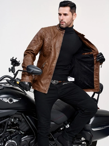 Herren Vintage PU Leder Bikerjacke Stehkragen Rauten Gesteppt Fleece Gefüttert Wintermantel Casual Winddicht Outwear