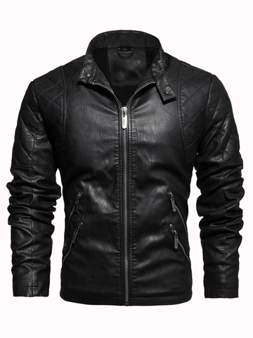 Herren Vintage PU Leder Bikerjacke Stehkragen Rauten Gesteppt Fleece Gefüttert Wintermantel Casual Winddicht Outwear
