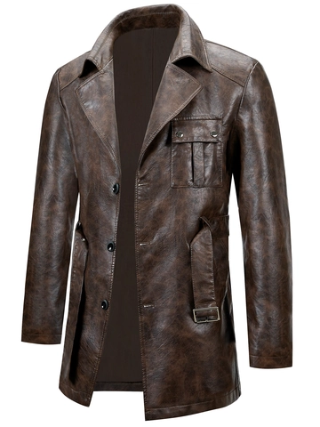 Trench en Cuir PU Mi Long pour Hommes Revers Classique Simple Boutonnage Coupe Vent Avec Ceinture Décontracté Style Britannique