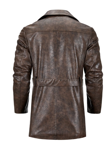 Trench en Cuir PU Mi Long pour Hommes Revers Classique Simple Boutonnage Coupe Vent Avec Ceinture Décontracté Style Britannique
