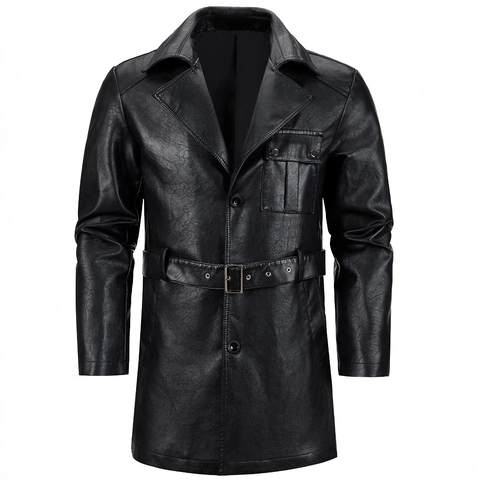 Men Vintage Mid-length PU Leather Trench Coat Notch Lapel Single Breasted Windproof Jacket With Belt Casual Business Outerwear