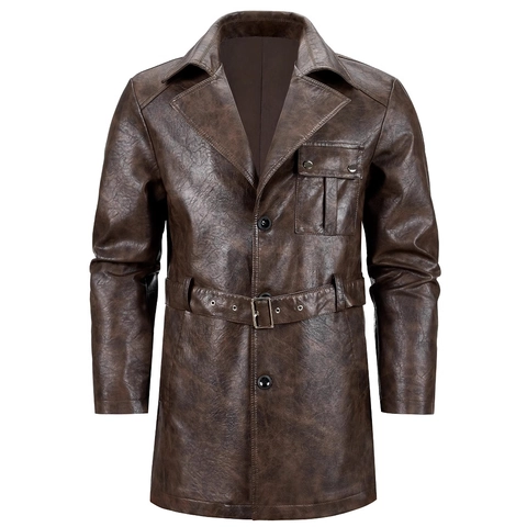 Gabardina de Cuero de PU para Hombre Vintage Longitud Media Solapa de Muesca Botonadura Sencilla Chaqueta Cortavientos Con Cinturón Casual