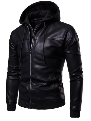 Herren Casual Kapuzen PU Lederjacke Abnehmbare Kapuze Moto Biker Kunstledermantel Winddichte Warme Oberbekleidung