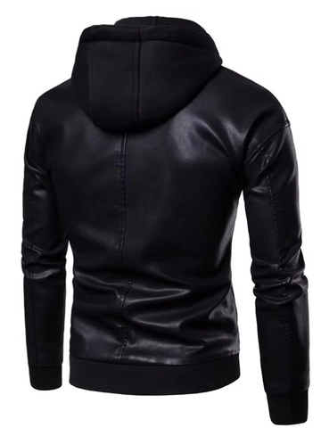 Herren Casual Kapuzen PU Lederjacke Abnehmbare Kapuze Moto Biker Kunstledermantel Winddichte Warme Oberbekleidung
