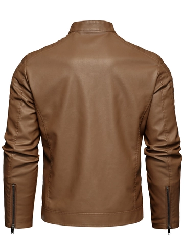 Giacca Motociclista Uomo Colletto alla Coreana Pelle PU Spalle Trapuntate Tasche con Cerniera Slim Fit Lavata Giacca per Uomo