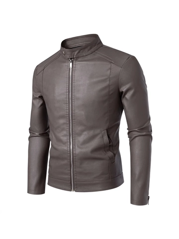 Chaqueta de Cuero PU para Hombre Ajuste Entallado Cuello Alto Chaqueta de Moto Con Cremallera Abrigo Casual Cortavientos