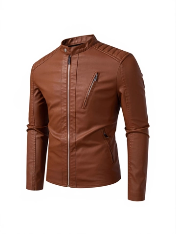 Men PU Leather Jacket Biker Style Stand Collar Slim Fit Faux Leather Motorcycle Coat Spring Autumn Outerwear Zip Up Jacket