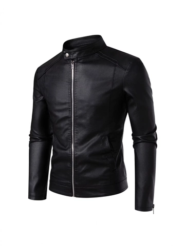 Chaqueta de Cuero PU para Hombre Ajuste Entallado Cuello Alto Chaqueta de Moto Con Cremallera Abrigo Casual Cortavientos