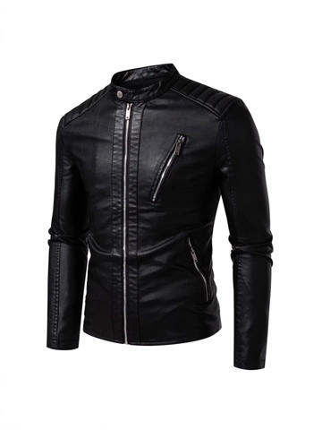 Men PU Leather Jacket Biker Style Stand Collar Slim Fit Faux Leather Motorcycle Coat Spring Autumn Outerwear Zip Up Jacket