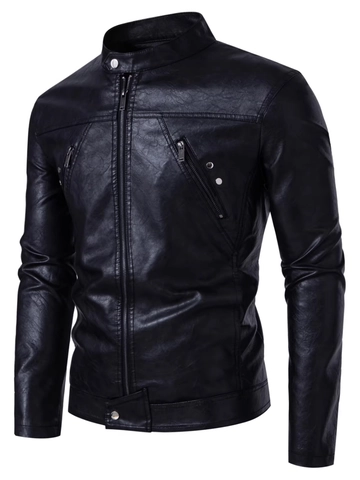 Veste en Cuir PU à Col Montant pour Hommes Coupe Slim Manteau de Course de Moto Coupe-Vent Décontracté Mode Vêtements de Dessus pour Hommes