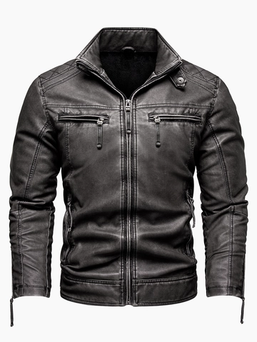Herren Vintage PU Lederjacke Stehkragen Motorradmantel Mehrere Taschen Oberbekleidung Kunstleder Bikerjacke Für Freizeit