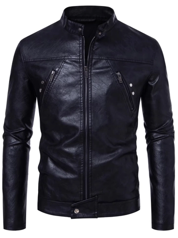 Veste en Cuir PU à Col Montant pour Hommes Coupe Slim Manteau de Course de Moto Coupe-Vent Décontracté Mode Vêtements de Dessus pour Hommes