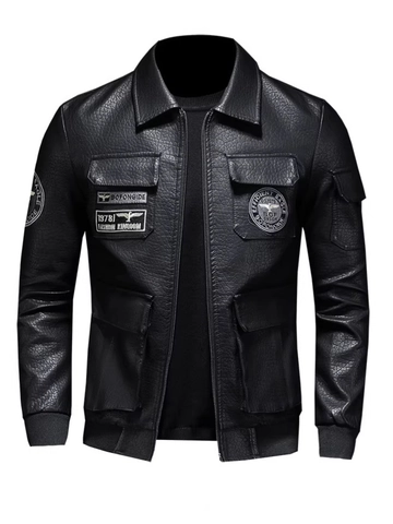 Men PU Leather Motorcycle Jacket Embroidery Eagle Patch Multi Pocket Bomber Coat Ribbed Cuffs Lapel Outerwear Men Fashion