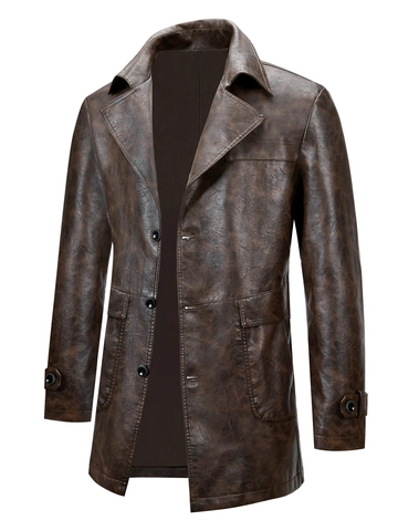 Giacca da Uomo in Pelle PU Media Lunghezza Vintage Casual Trench Collo a Giacca Monopetto Business Autunno