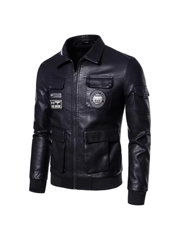 Men PU Leather Motorcycle Jacket Embroidery Eagle Patch Multi Pocket Bomber Coat Ribbed Cuffs Lapel Outerwear Men Fashion