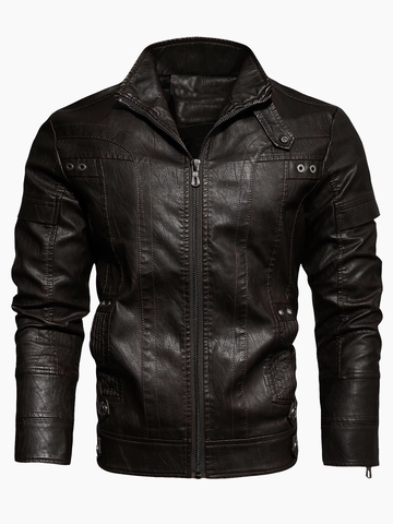 Chaqueta de Cuero PU para Hombre Chaqueta de Motocicleta Retro Cuello Alzado Cremallera Ajuste Estrecho Ropa de Abrigo Cálida Resistente al Viento Con Forro de Felpa para Hombre
