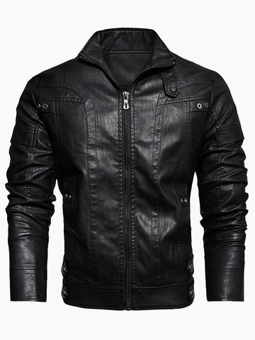 Chaqueta de Cuero PU para Hombre Chaqueta de Motocicleta Retro Cuello Alzado Cremallera Ajuste Estrecho Ropa de Abrigo Cálida Resistente al Viento Con Forro de Felpa para Hombre