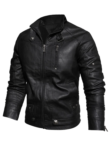 Herren Biker Kunstlederjacke Stehkragen Multi Reißverschluss Fleece Gefüttert Slim Fit Motorrad PU Oberbekleidung Mantel Retro Punk Stil