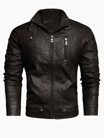 Herren Biker Kunstlederjacke Stehkragen Multi Reißverschluss Fleece Gefüttert Slim Fit Motorrad PU Oberbekleidung Mantel Retro Punk Stil