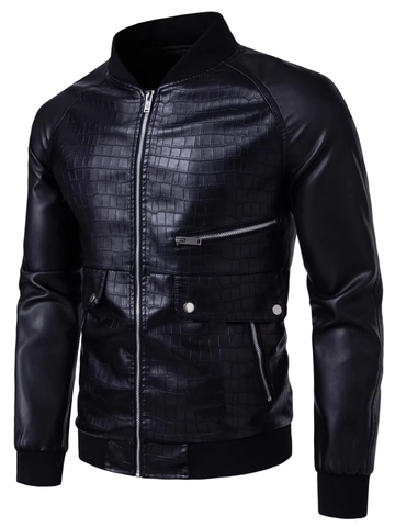 Giacca in Pelle PU da Uomo con Texture a Coccodrillo Goffrata Collo alla Coreana Bomber da Moto Casual Autunno Inverno