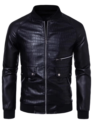 Veste en Cuir PU pour Hommes Texture Crocodile Gaufrée Col Montant Bomber de Moto Décontracté Automne Hiver Manteau
