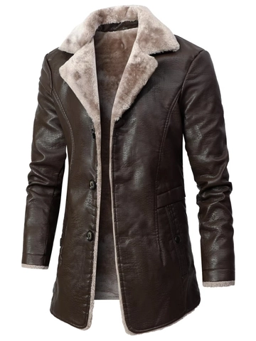 Giacca da Uomo Invernale in Pelle PU Media Lunghezza Foderata in Pile Collo in Ecopelliccia Business Casual Cappotto Antivento