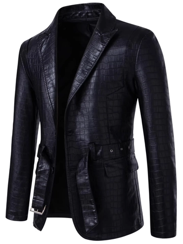 Veste Homme en Simili Cuir Col à Revers Motif Crocodile Embossé Manteau Biker Avec Ceinture Vêtement Business Casual